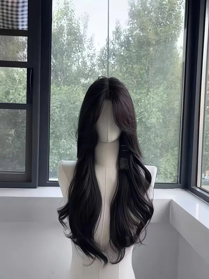 women's long hair black simulated hair new fashionable and versatile eight character bangs lazy curly hair wig