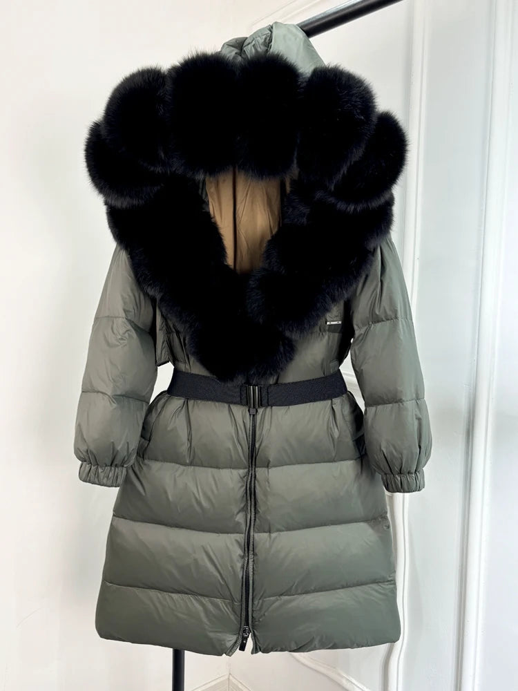 Lagabogy 2025 Winter Puffer Jacket Women Real Fox Fur Hooded Collar Thick Warm Long White Duck Down Coat Loose Luxury Outerwear