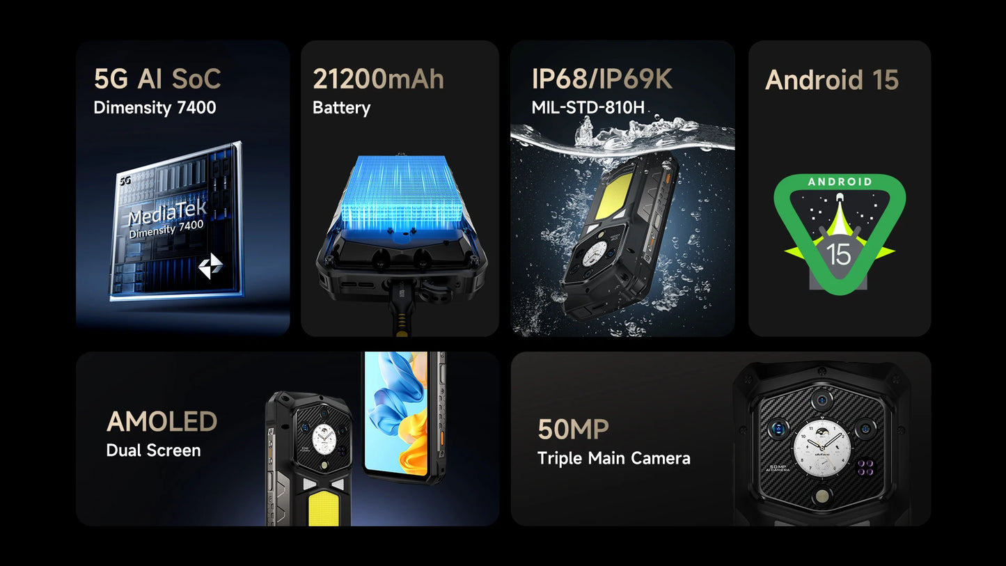 Ulefone Armor 29 Pro 5G AI Rugged Phone 21200mAh 120W 64MP Night Vision 6.67" 120Hz 512GB ROM Mobile MTK Dimensity 7400