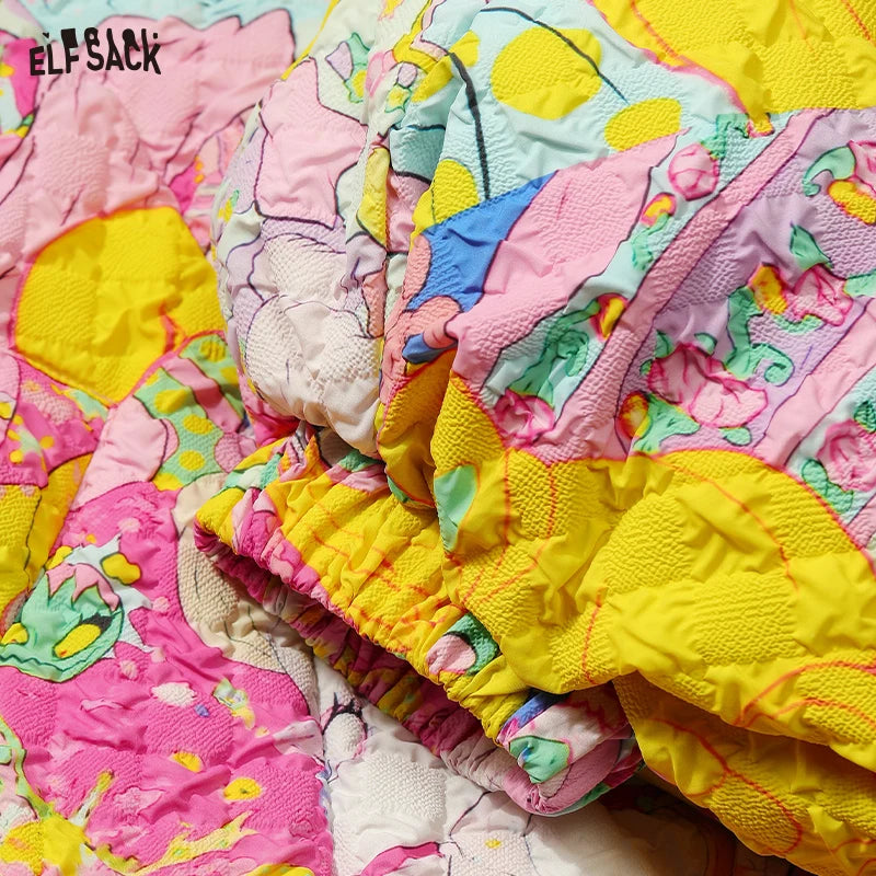 ELFSACK 2024 Winter New Arrivals Stand collar loose full printed short down jacket for women