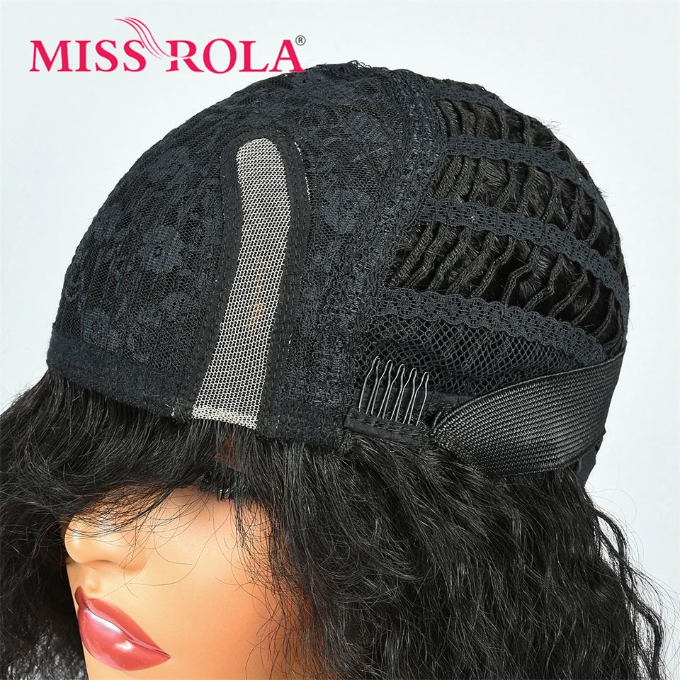 Miss Rola Brazilian 4X1 Lace Part Human Hair Wigs Right Side Part Water Wave Wig With Bangs Remy Lace Wig 180% Density