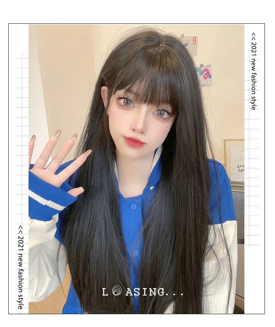 XIYUE Long Straight Black Wig With Bang Synthetic Wigs for Women Heat Resistant Natural Hair for Daily Halloween Cosplay Party