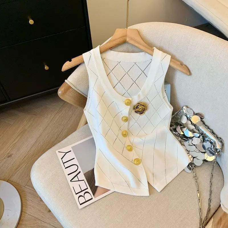 Women Clothes Stylish Vintage Elegant Luxury Chic Hollow Button Knitted Vest Summer V Neck Sleeveless Black White Slim Tank Tops