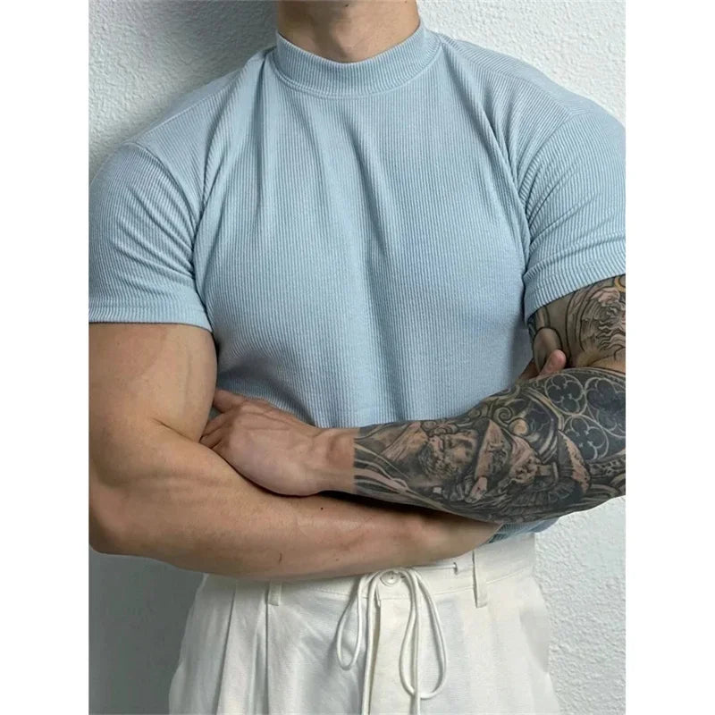 spring summer Elastic Comfortable Men's T-shirt Small high collar stripe shirt short sleeve fitness tops sports casual T-shirt