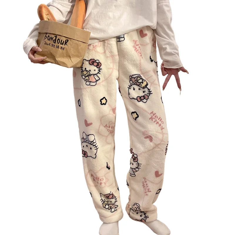 HelloKitty Warm Coral Velvet Sleepers Women's Flannel and Velvet Thick Pants Sleepwear Plush Large Home Pants