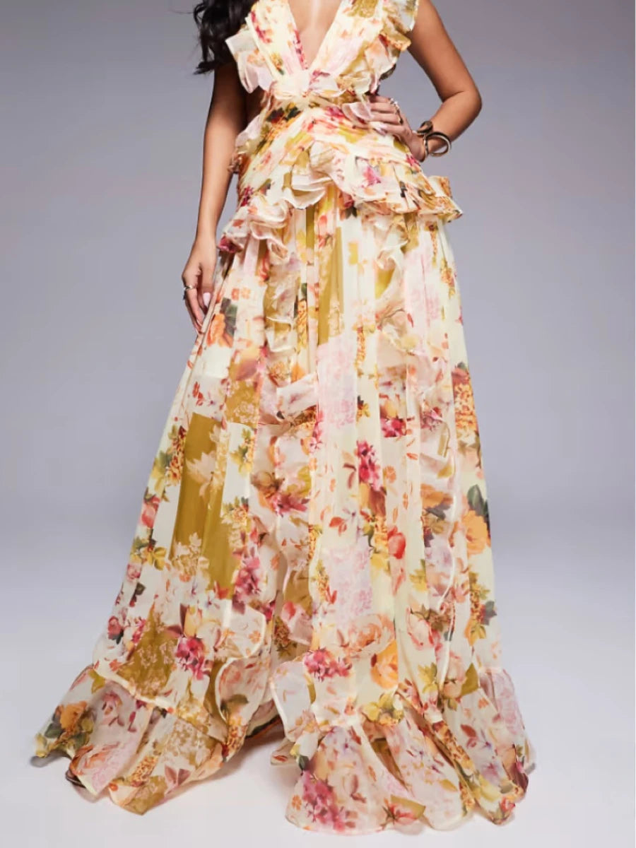 VGH Runway Style Maxi Dresses for Women V Neck Sleeveless High Waist Patchwork Ruffles Edge French Sexy Printed Dress Female New
