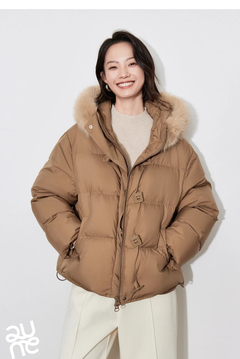 TOYOUTH Women Down Jacket 2024 Winter New 90% White Duck Down Fur Collar Hooded Warm Jacket Coat