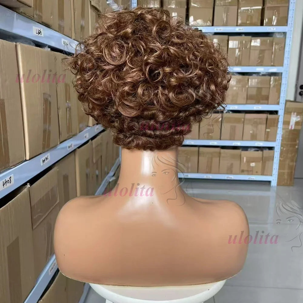Chocolate brownMachine Made Wig Indian Human Hair Pixie Cut Wig Short Kinky Curly Loose Curly Non Lace Wigs with Bangs for Women