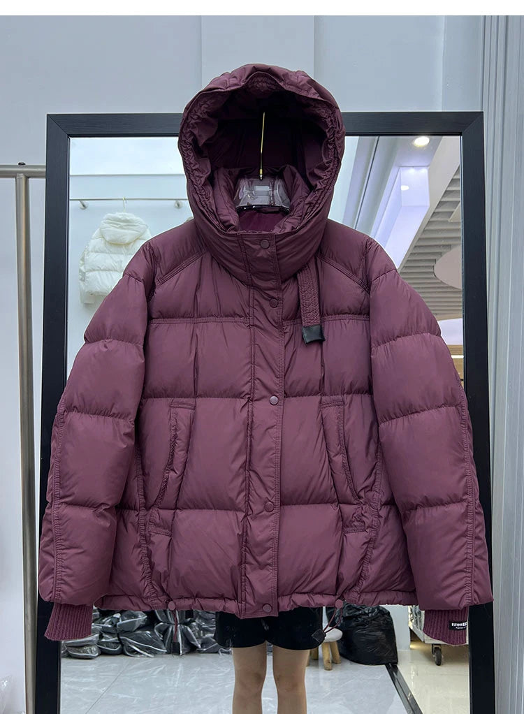 Schinteon Women White Duck Down Jacket with Hood Autumn Winter Warm Outwear Korean Style Over Size Loose Solid Color Coat 2025