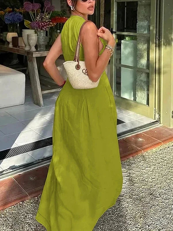 Lemongor Women Fashion Solid Color Zipper A-Line Dress 2025 New Summer Sleeveless Pockets Pleated Party Evening Maxi Dresses