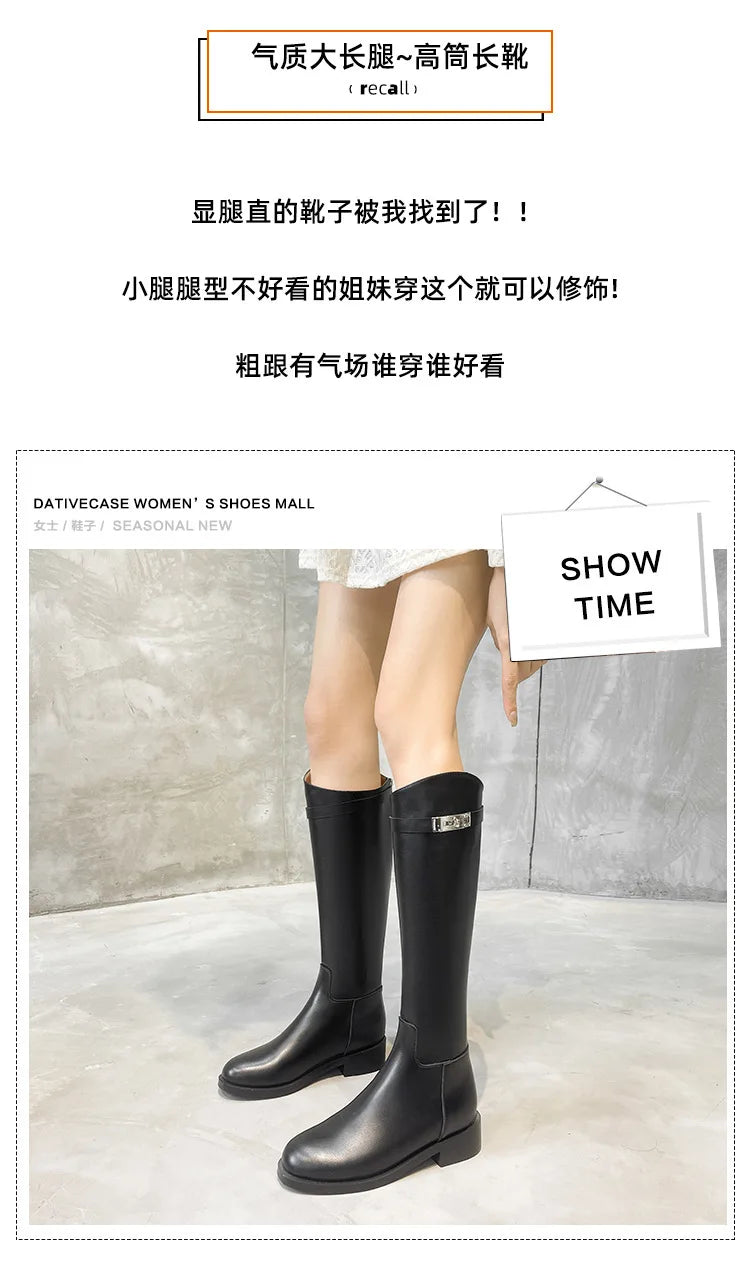 Genuine Leather Thick-Soled Autumn Winter New Style Chunky Heel Rhinestone Buckle High Tube Riding Over-The-Knee Long Boots