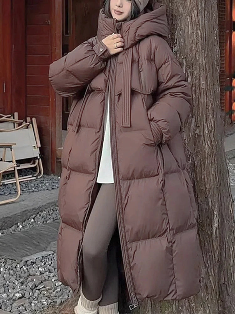 FIGOHR Women's Down Cotton Padded Jackets Korean Thickened Warm Long Overcoat Solid Hooded Overall Topcoat 2024 Winter
