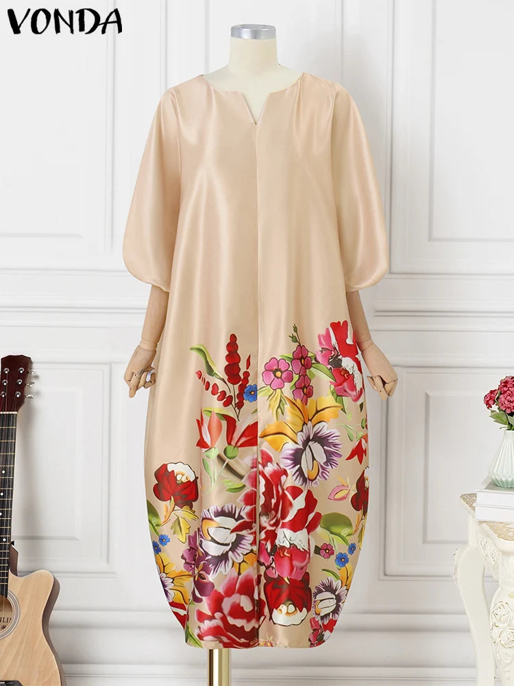 Bohemian Maxi Long Dress 2025 Women Satin Silk Sundress Elegant Summer Half Sleeve V Neck Vestidos Oversized Casual Loose Robe