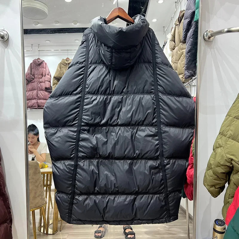 Schinteon Women White Duck Down Jacket with Hood Autumn Winter Warm Long Outwear Over Size Loose Coat 2025 New