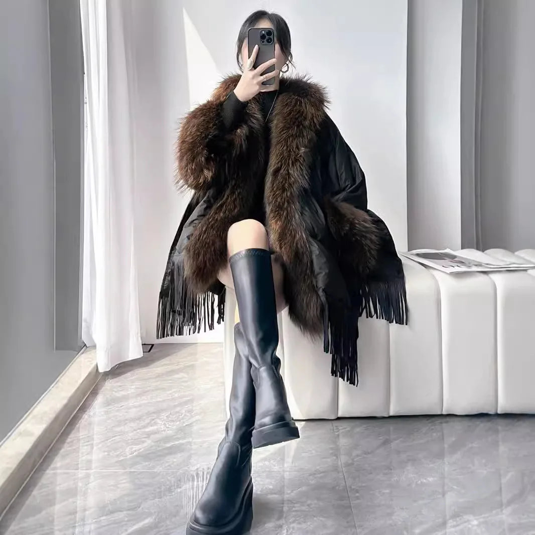 Down jacket for women in winter 2024, new cloak, oversized fur collar, medium to long loose white duck down jacket