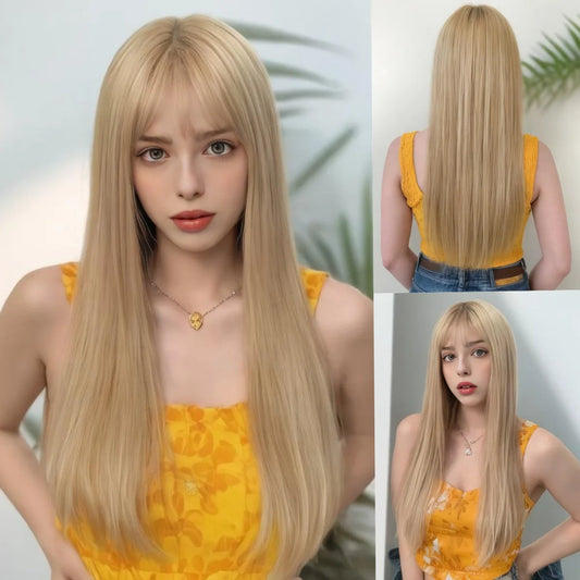 Fashion synthetic wig for women Air bangs long straight hair beige white high temperature silk synthetic fiber full head cover