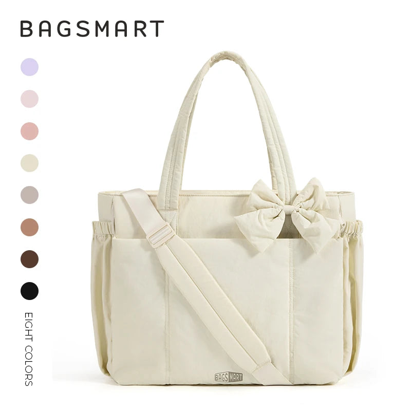 BAGSMART Padded Tote Bag With Bow Casual Quilted Padded Women Shoulder Bags Fit 15.6in Laptop Large Capacity Yoga Gym Bags