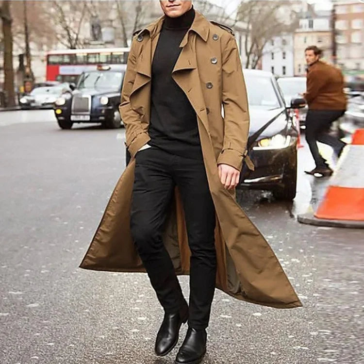Men's Long Trench Coat Clothing Long Sleeve Loose Autumn Winter Solid Color Button Fashion Coats Trench