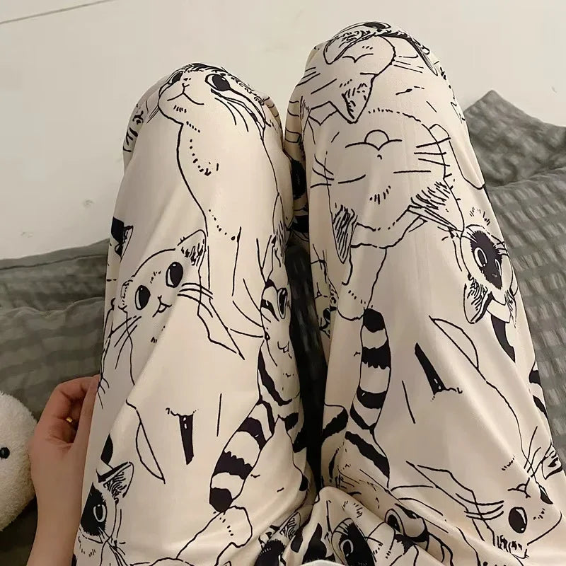 Pajama Pants Woman Cartoon Moe Cat Big Battle Pajama Trousers Female Student Trousers Loose Casual Trousers Lady Sleeping Pants