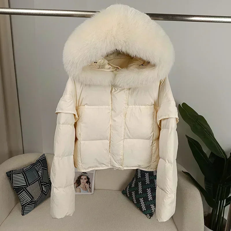 Outerwear Autumn Winter Women Hooded Fashionable Streetwear Detachable Sleeve Real Raccoon Fur Collar Jacket Duck Down Loose