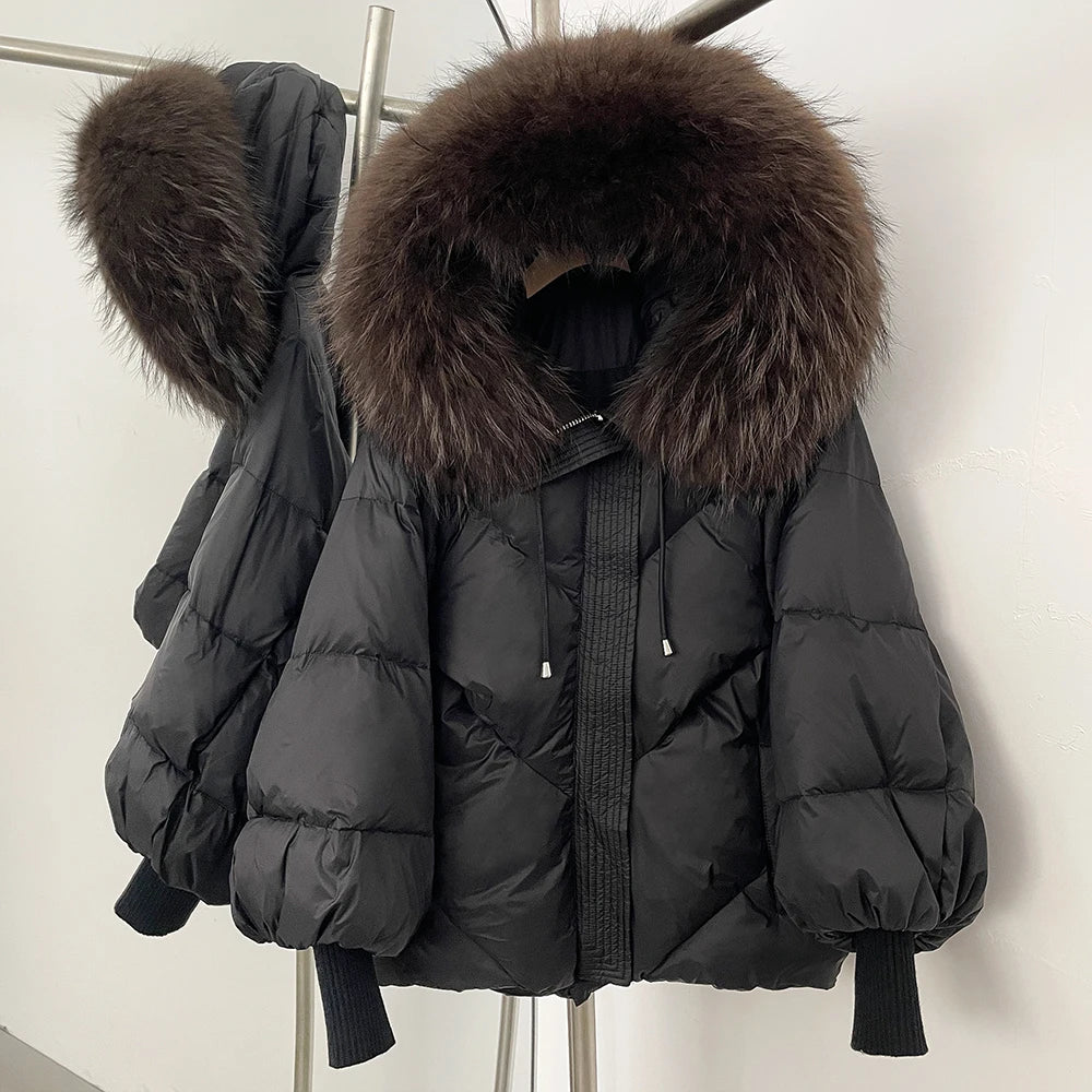 Duck Down Coat Women Winter Real Fox Fur Raccoon Fur Collar Hooded Down Jacket Detachable Thick Warm Loose Streetwear Outerwear