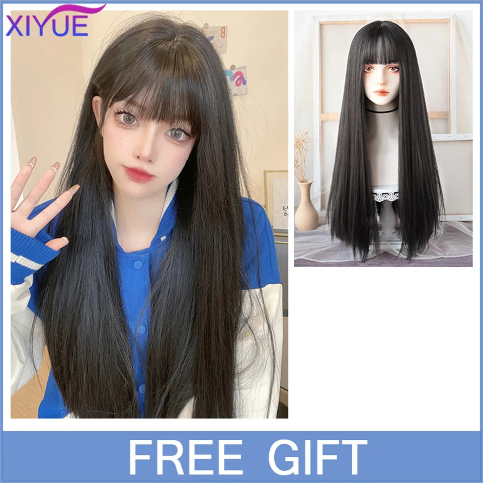 XIYUE Long Straight Black Wig With Bang Synthetic Wigs for Women Heat Resistant Natural Hair for Daily Halloween Cosplay Party
