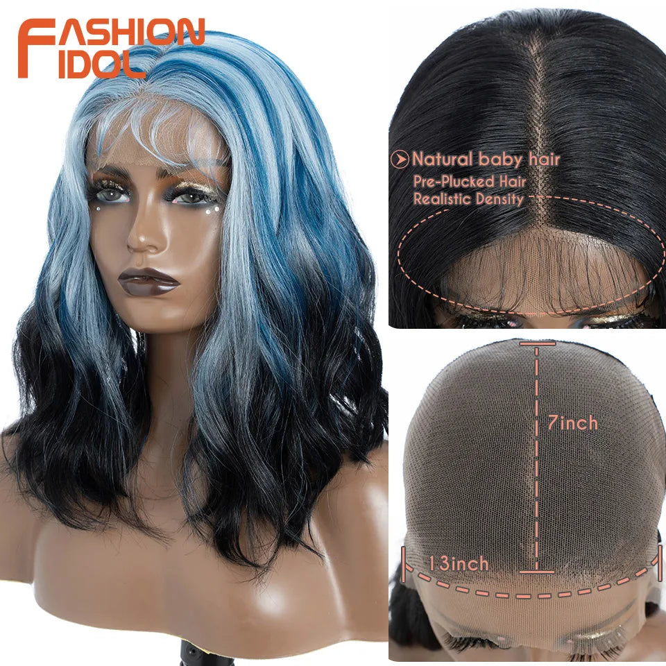 FASHION IDOL 12 Inch Bob 13x7 HD Lace Front Synthetic Wigs For Black Women Ombre Blue Heat Resistant Short Body Wave Cosplay Wig