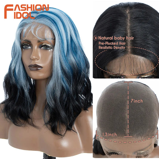 FASHION IDOL 12 Inch Bob 13x7 HD Lace Front Synthetic Wigs For Black Women Ombre Blue Heat Resistant Short Body Wave Cosplay Wig