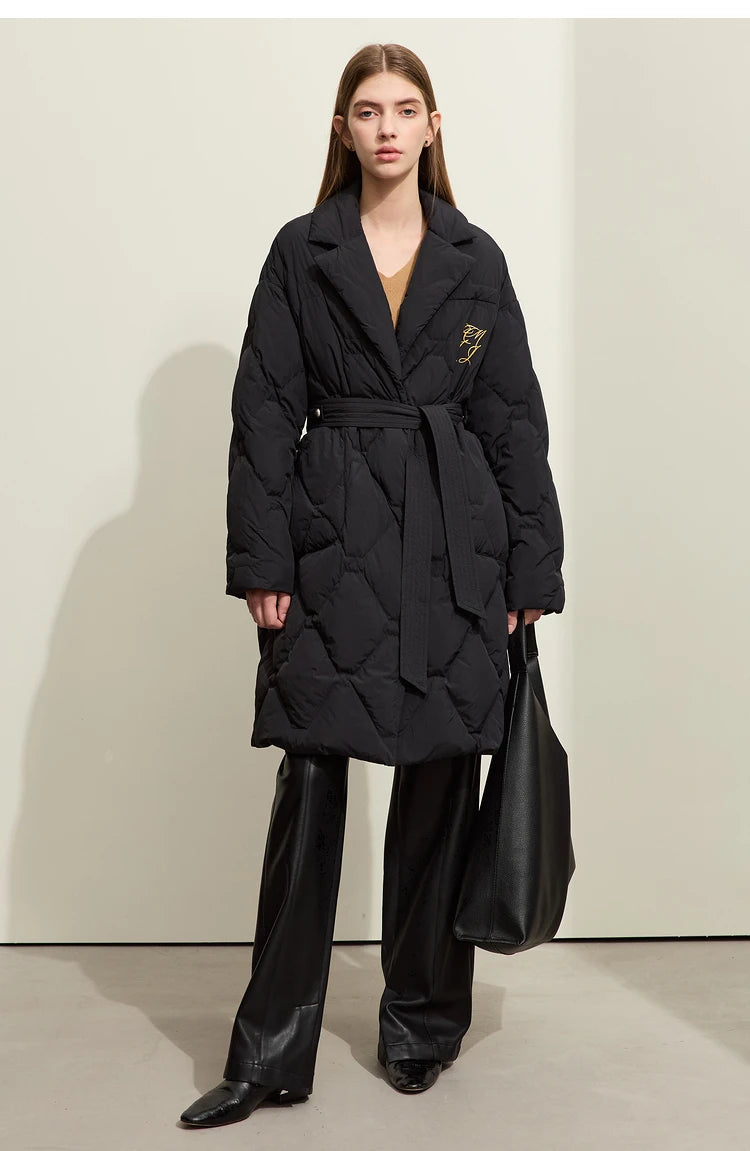 AMII Minimalism Down Jacket For Women 2025 New Blazer Collar Winter Lightweight Thermal Belt Diamond Solid Coat Female 12344061