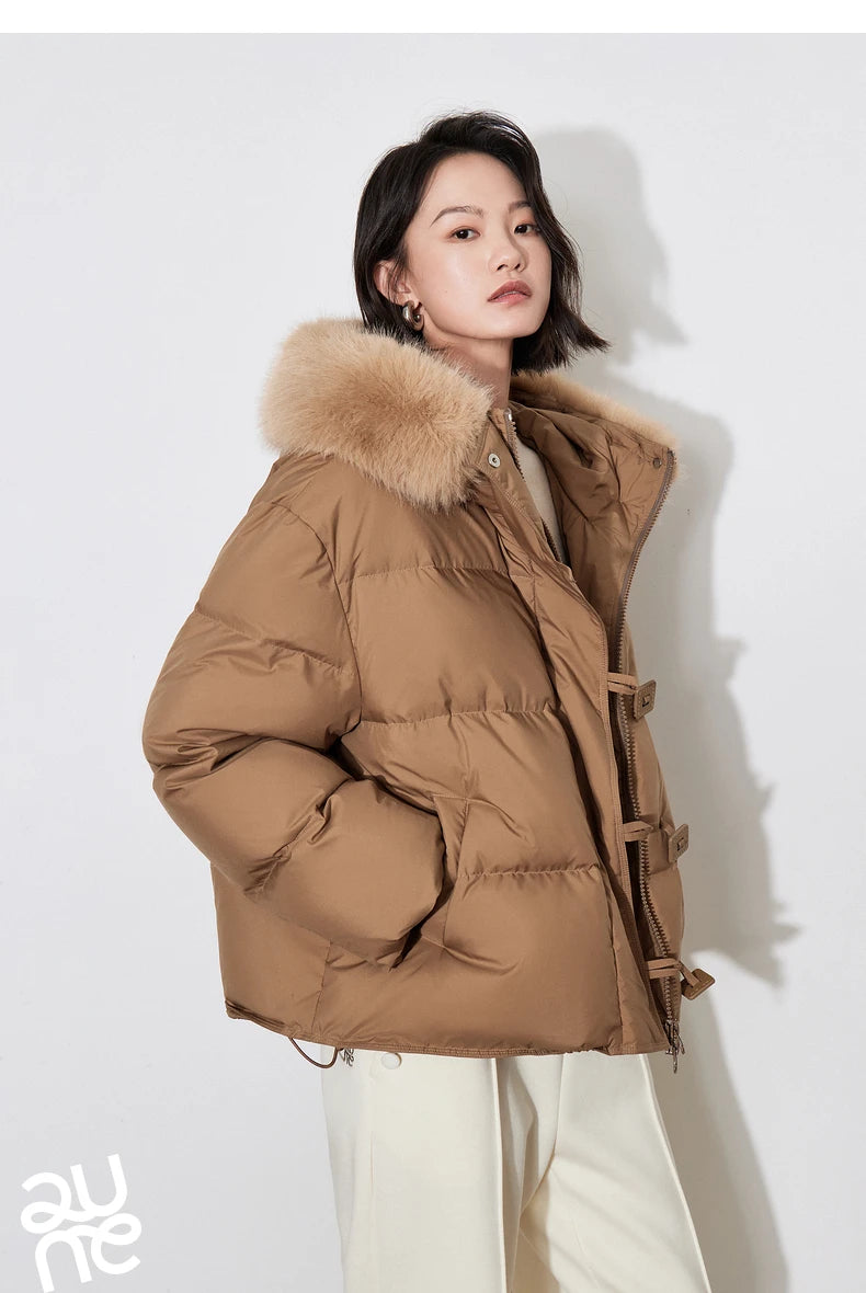 TOYOUTH Women Down Jacket 2024 Winter New 90% White Duck Down Fur Collar Hooded Warm Jacket Coat