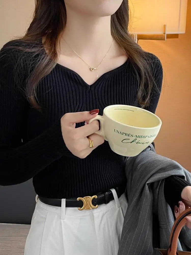 2025 Basic V-neck Chic Autumn Winter Pullover Women Knitted Ribbed Sweater Women Slim Long Sleeve Badycon High Quality Sweater