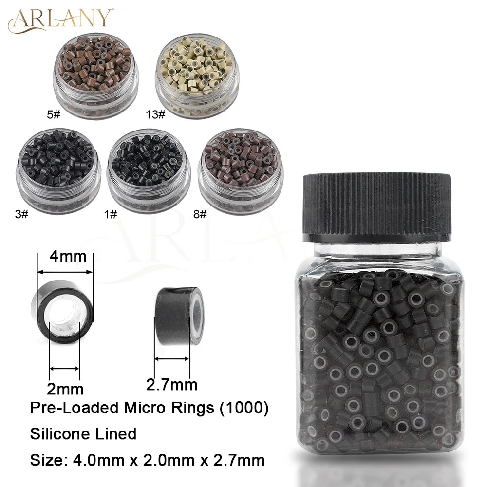 ARLANY 1000Pcs Micro Rings Links Beads Weft Extension Kit With Nylon Bonded Sewing Thread For Sew-In Weft Hair Extension