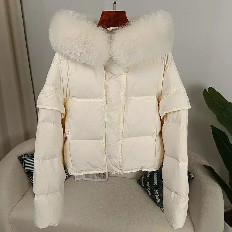 Outerwear Autumn Winter Women Hooded Fashionable Streetwear Detachable Sleeve Real Raccoon Fur Collar Jacket Duck Down Loose
