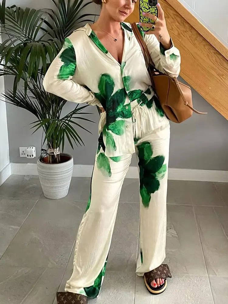 HH Women Fashion Floral Print Blouse Pant Sets Long Sleeve Lapel Shirt Drawstring Wide Leg Trousers Female Streetwear Suit