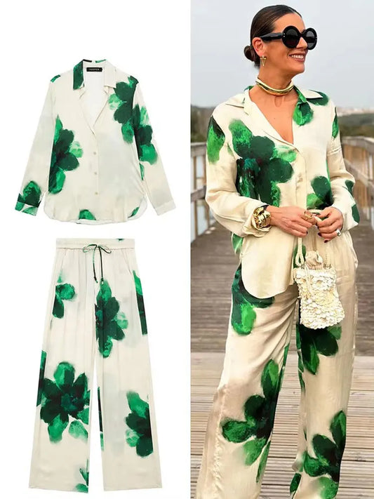 HH Women Fashion Floral Print Blouse Pant Sets Long Sleeve Lapel Shirt Drawstring Wide Leg Trousers Female Streetwear Suit