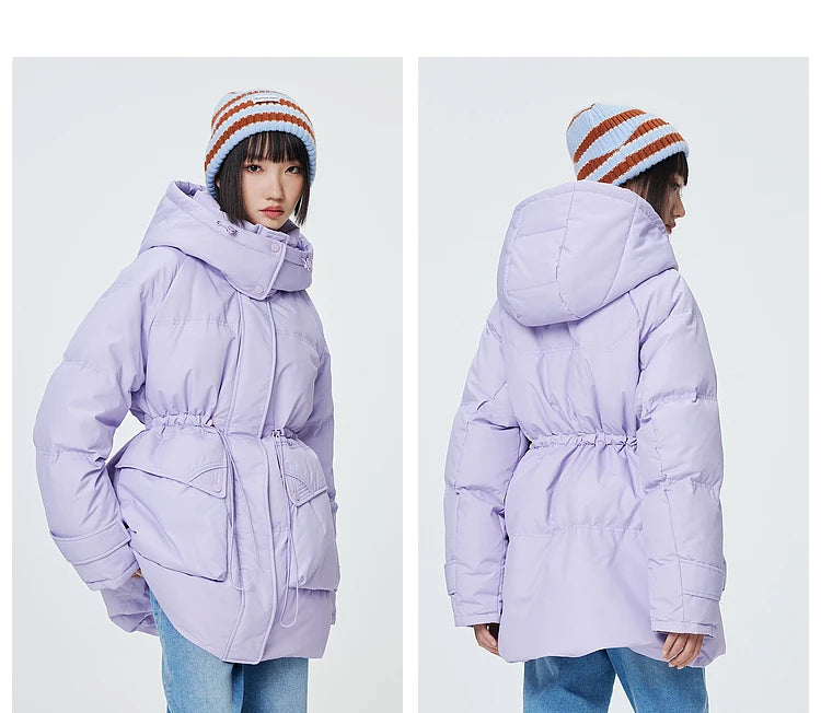 Metersbonwe Women's  Oversized Long Hooded Down Jacket Adjustable Pig Nose Buckle Waist Belt Utility Duck Down Parka Warm Winter