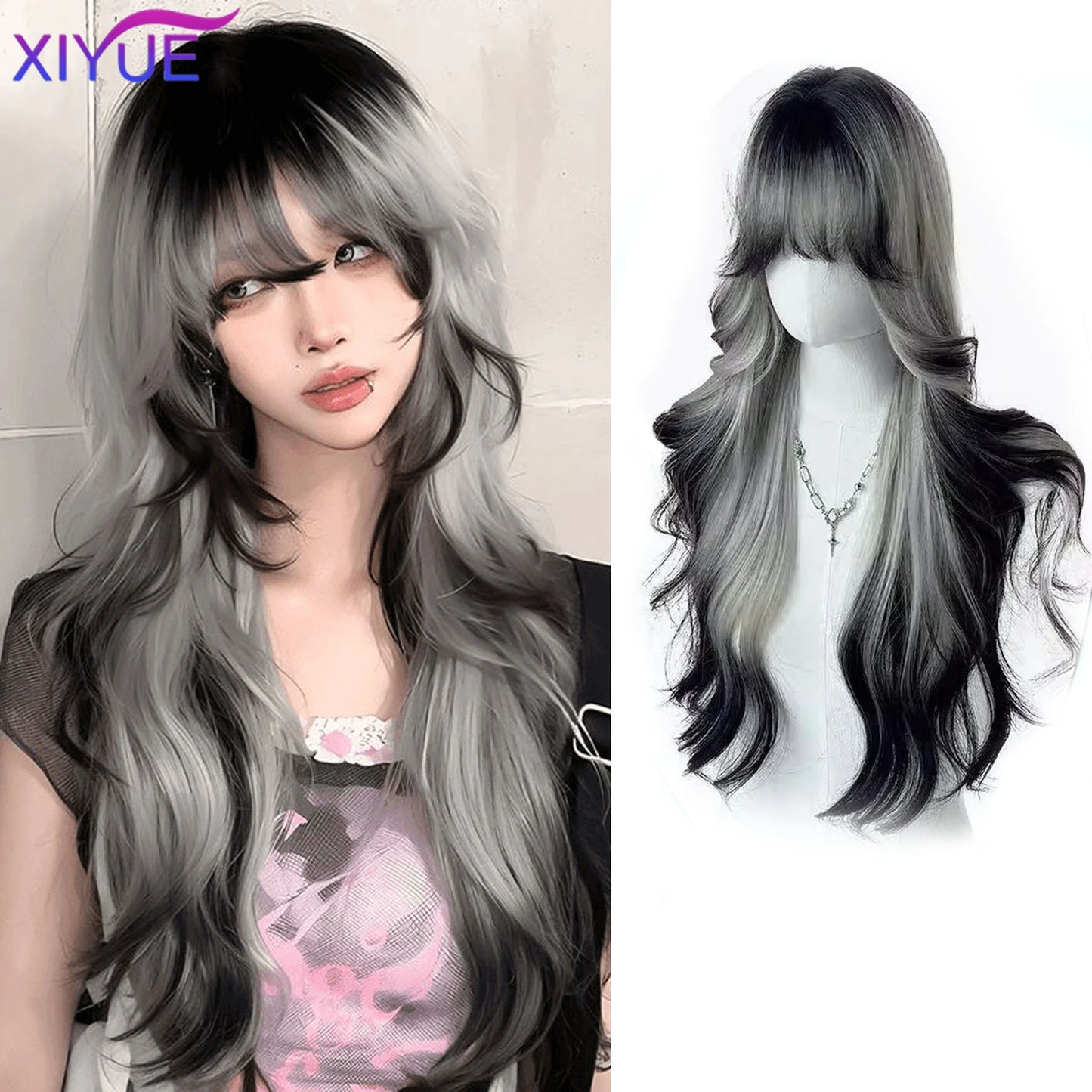XIYUE Long Straight Black Wig With Bang Synthetic Wigs for Women Heat Resistant Natural Hair for Daily Halloween Cosplay Party