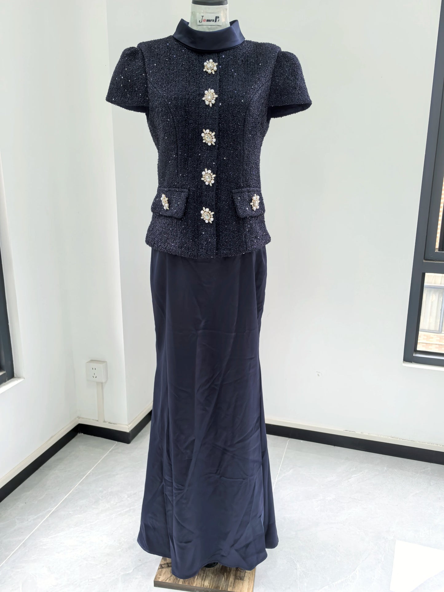 Maxi Formal Luxury Evening Dresses Women Summer Autumn Single Breasted Crystal Satin Tweed Long Dress Blue Party Dinner Vestidos