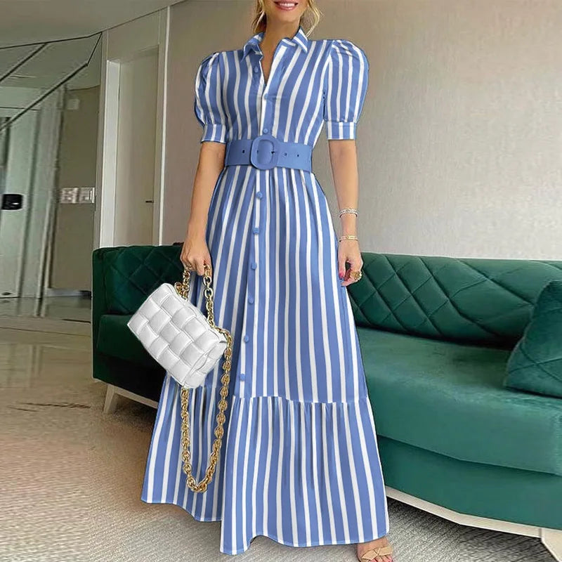 Striped Maxi Dress Women Summer 2022 New Fashion Elegant Causal Party Office Lady White Blue Back Long Dresses