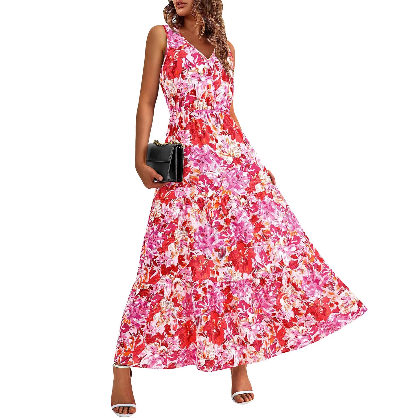 Maxi Dresses For Women Summer Tiered Ruffle Print Boho Beach Ladies Vestidos Evening Party Elegant Dress Vintage Long Dress