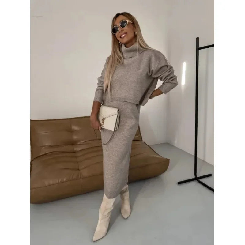 Muslim Knitting Skirts Suit Women 2 Piece Set Pullover Turtleneck Sweater Knitted Skirt Outfits Arab Knitwear Casual Ensemble