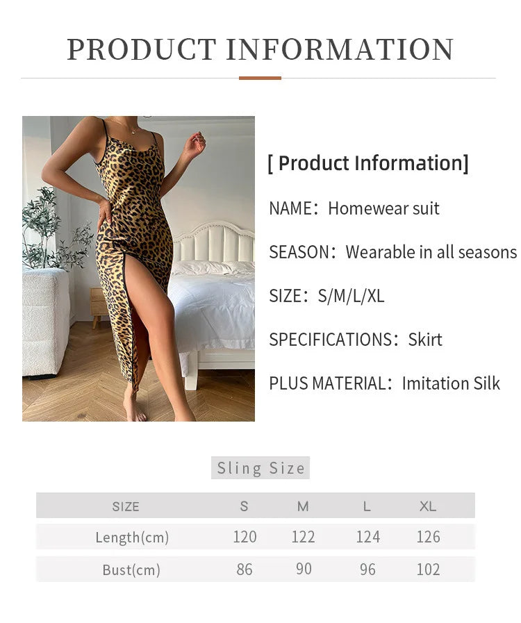 Fashion Backless Slit Ice Silk Camisole Skirt Nightgown Women's Summer Thin Breathable Imitation Silk Sexy Leopard Print Pajamas