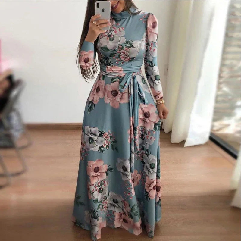Women Summer Maxi Dress 2025 Casual Long Sleeve Boho Floral Print LOOSE Dress Turtleneck Bandage Elegant Party Dresses Vestidos