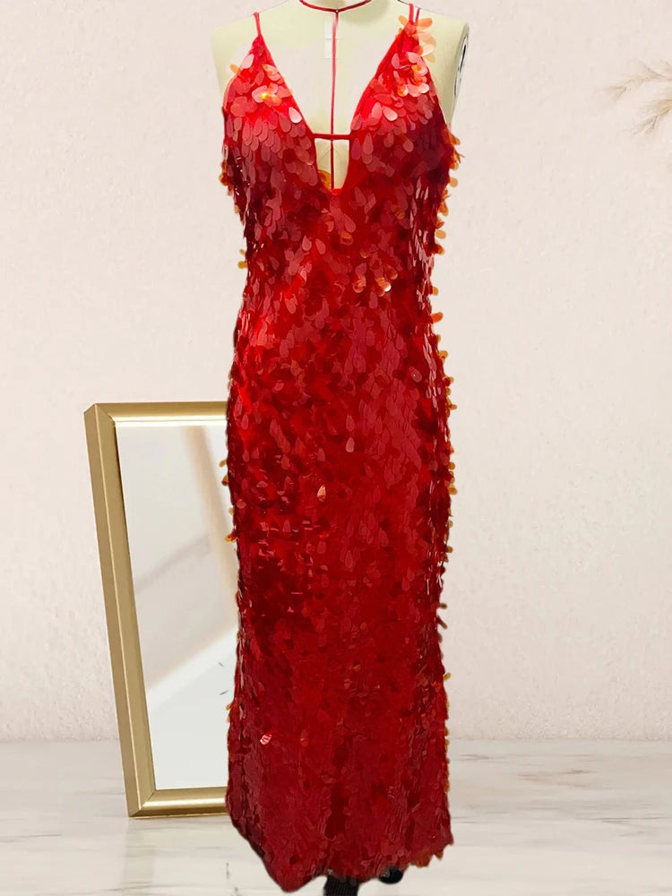 Sexy Women Maxi Dresses Elegant Sequins Sleeveless Female Long Dress Fashion  Solid Deep V Neck Ladies Party Robe Dress