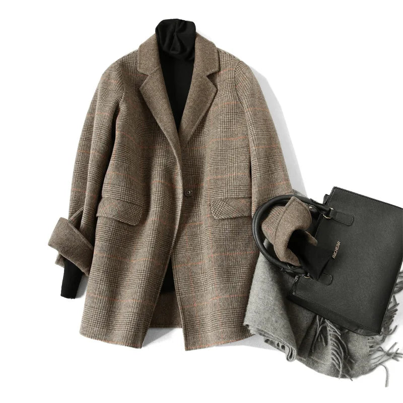 Handmade Sewn Double-sided Woolen Blazer Women Spring Autumn Plaid Wool Overcoat Office Lady Casual Suit Coat Thick Jacket