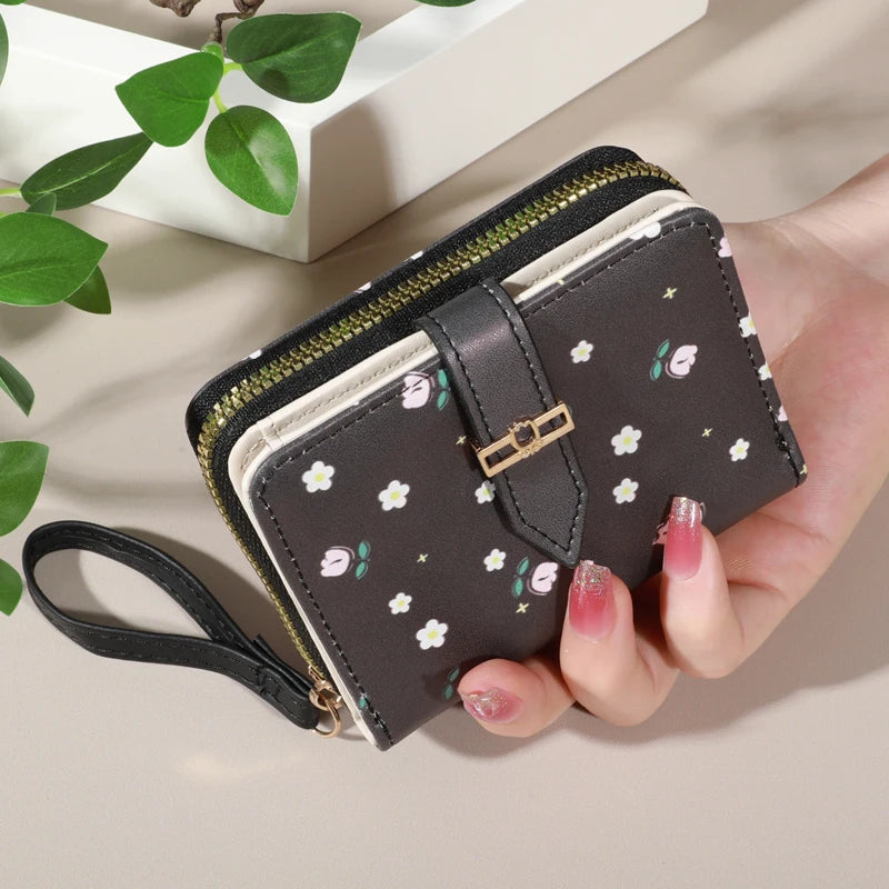 Flower patterned credit card holder for women or men's small card case with zipper hand-held wallet