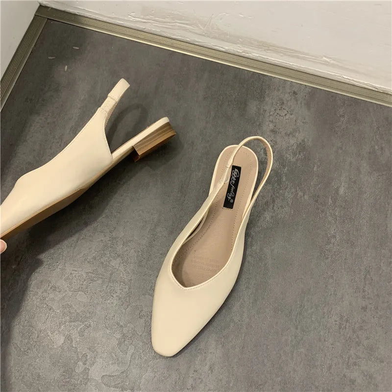 Elegant Slingback Flat Sandals Women Solid Leather Pointed Toe Shoes Summer Ladies Rear Strap Sandalias Low Heel Mary Janes 2025
