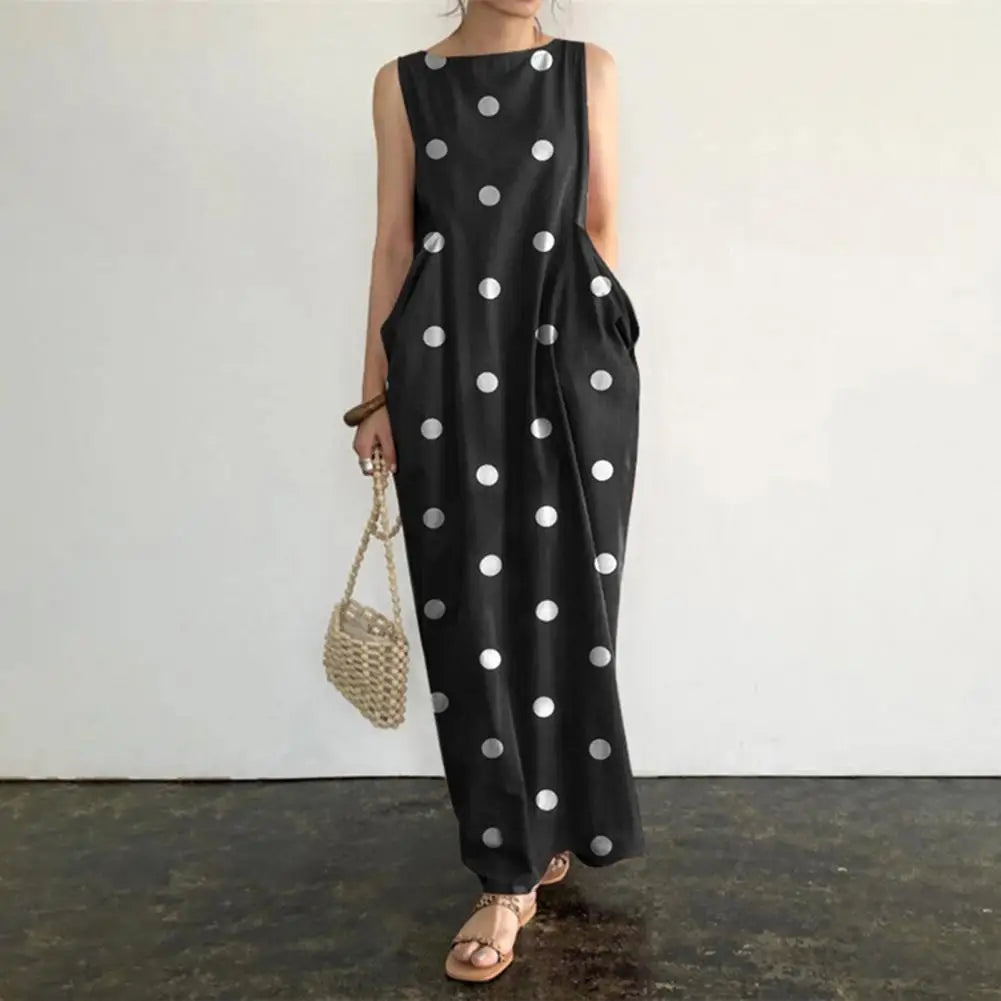 Loose Maxi Dress Summer Maxi Dress with Dot Print O Neck Big Pockets for Women Soft Ankle Length Beach