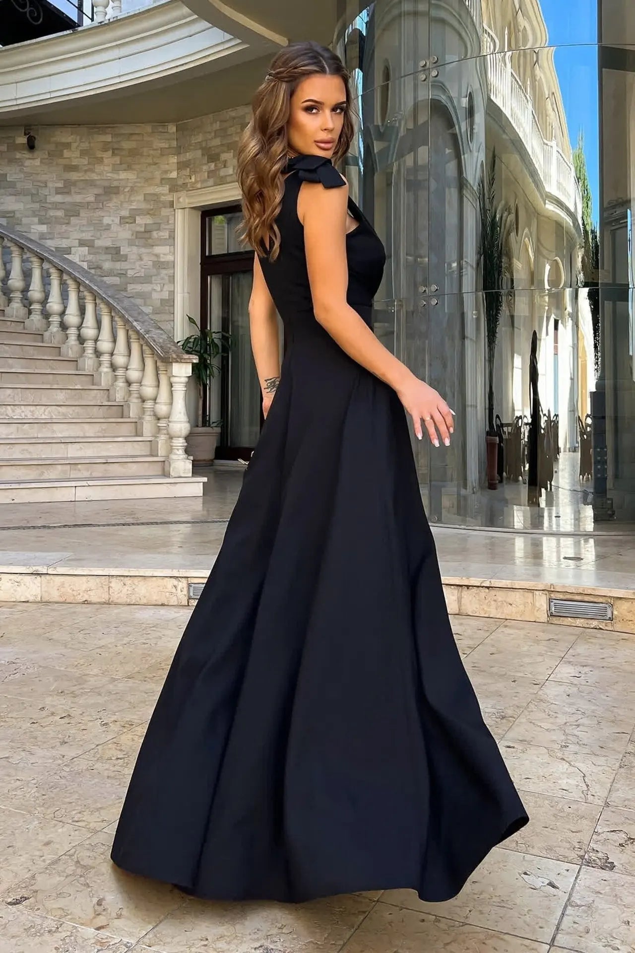 Elegant Summer Maxi Dress for Women High Waist V-Neck Bowknot Strap Side Split Long Evening Party Gown Female Cross Design