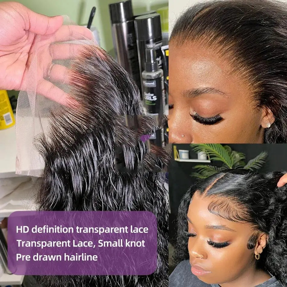 13x6 Deep Wave Lace Front Wigs Human Hair 200% Density Curly Human Hair Wig for Women Natural Black HD Transparent Lace Frontal